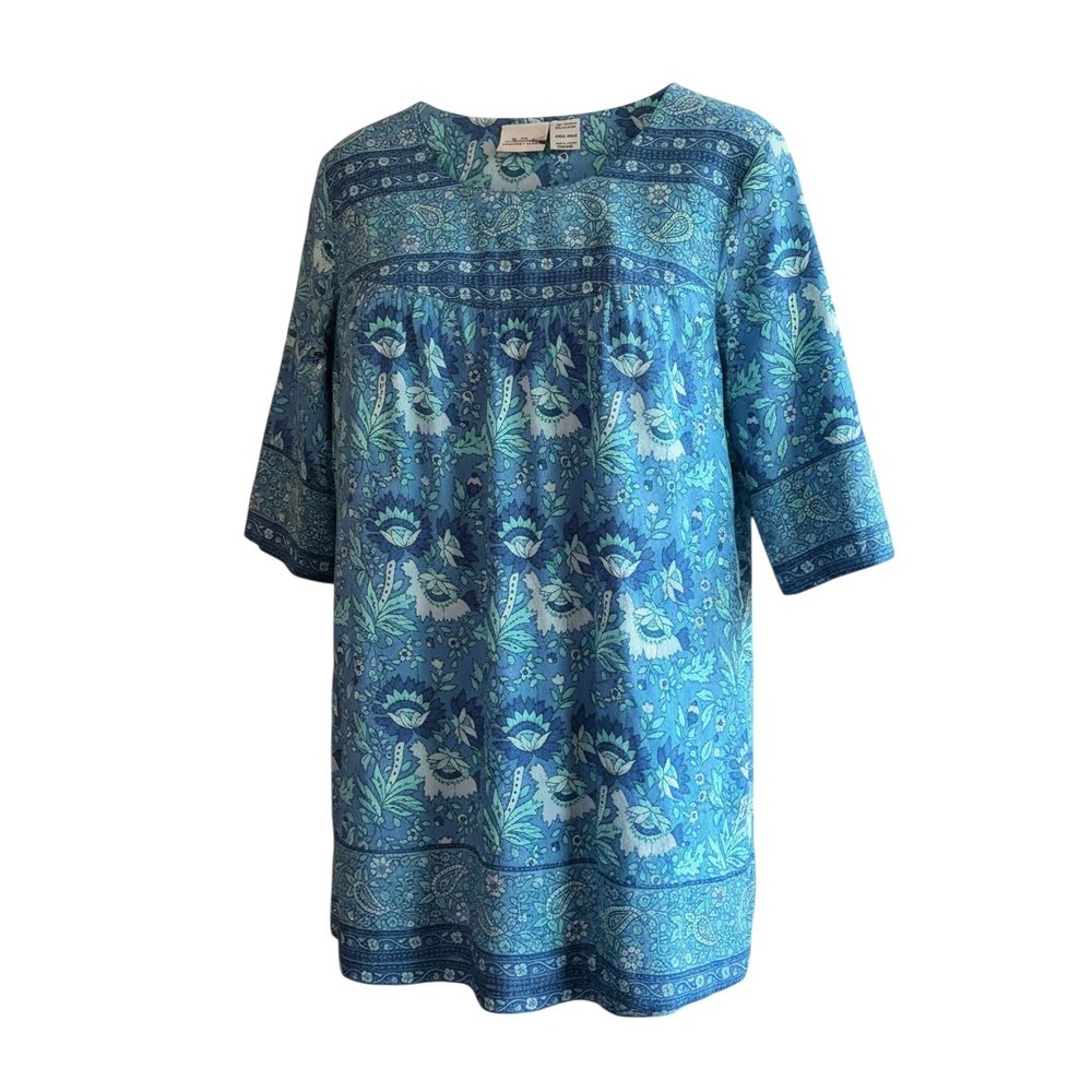 The Vermont Country Store Blue Floral Paisley Cotton Tunic Top XL 3/4 Sleeve